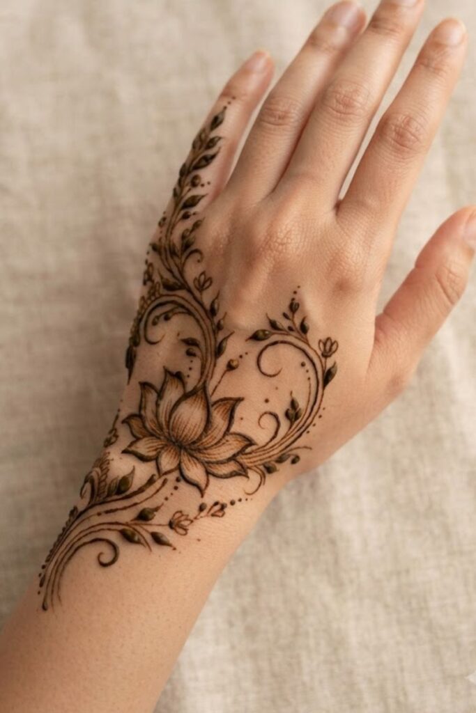 Half-hand lotus mehndi design with delicate floral vines and leaves