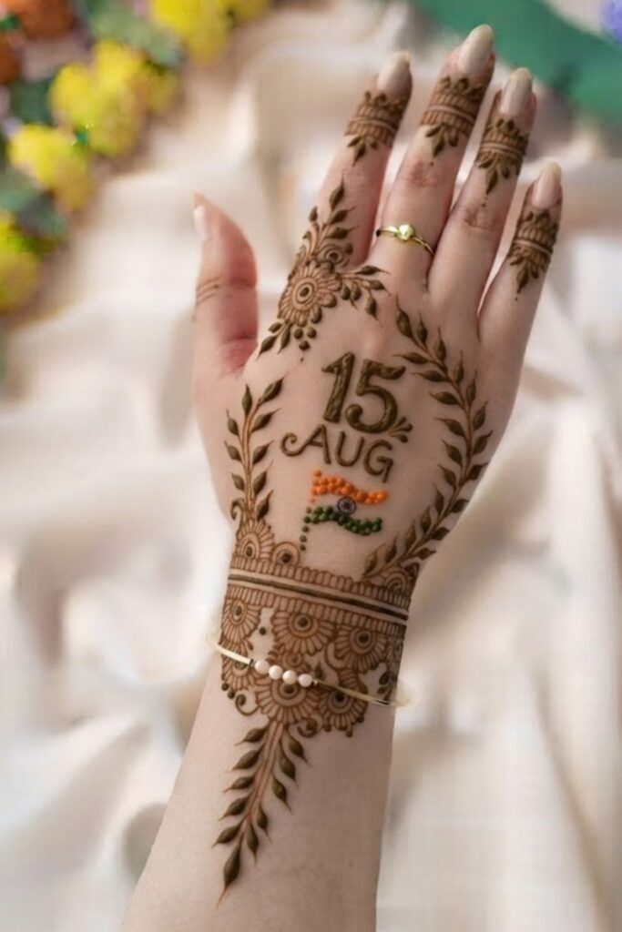 Half Hand Mehndi Designs for Independence Day 2026 with floral Arabic patterns, Indian flag mehndi design, Ashoka Chakra, and patriotic henna art