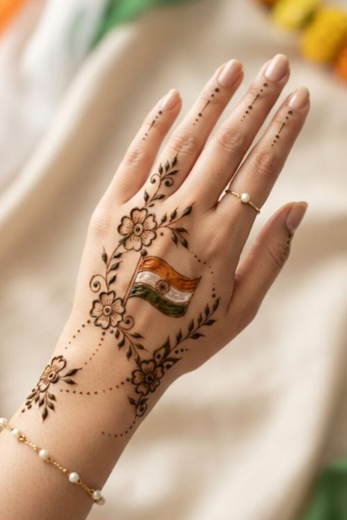 Indian Flag Mehndi Design 2026 with Ashoka Chakra, patriotic henna patterns, floral details, and Independence Day mehndi ideas