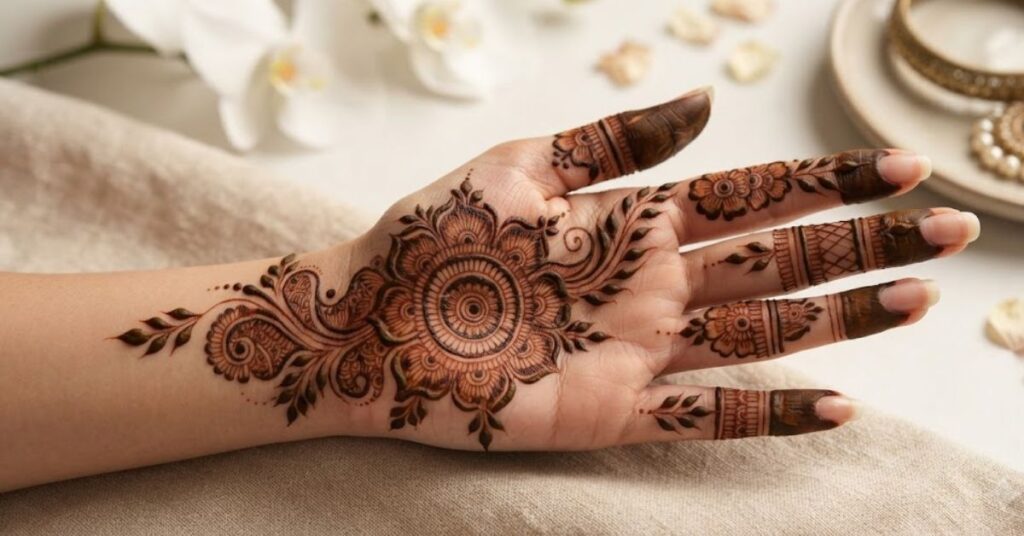 Indo Arabic party mehndi design combining floral Indian motifs and elegant Arabic henna patterns