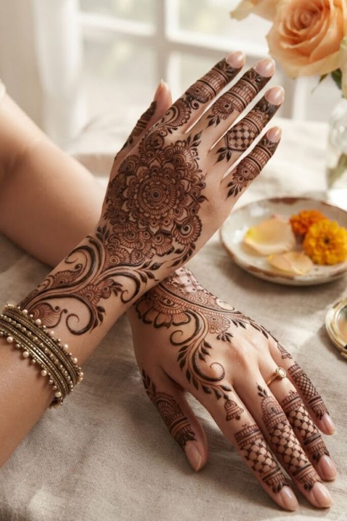 Indo-Arabic Mehndi Designs 2026 featuring traditional Indian motifs, Arabic floral patterns, and elegant fusion henna artwork
