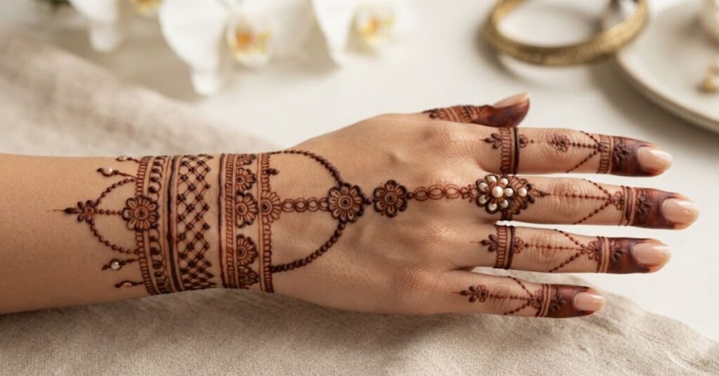 Jewelry inspired mehndi design with bracelet, ring, and elegant henna patterns on hand