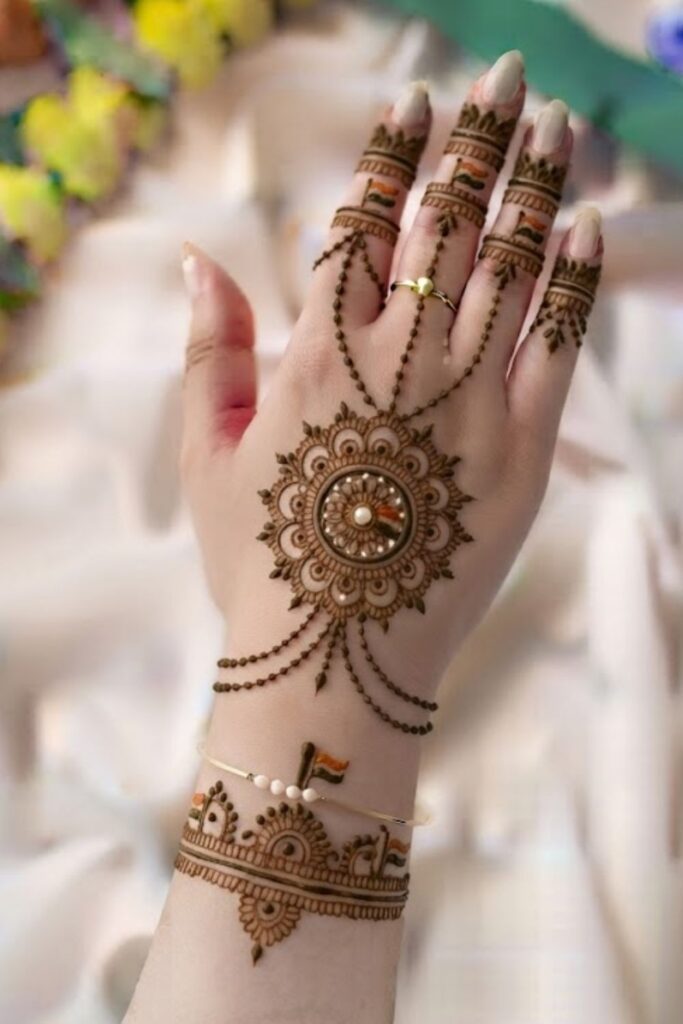 Jewelry Style Independence Day Mehndi with bracelet henna, ring patterns, Indian flag mehndi design, Ashoka Chakra details, and patriotic floral artwork