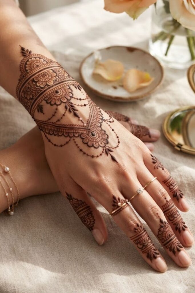 Jewelry Style Mehndi Designs 2026 featuring bracelet patterns, ring-style henna, and elegant jewelry-inspired hand designs