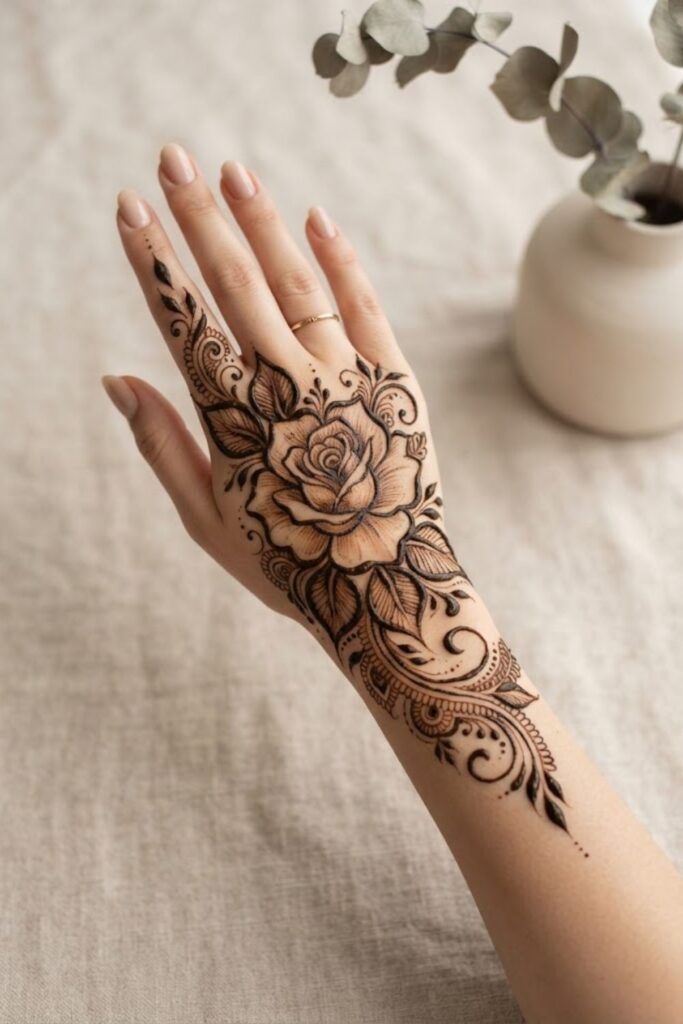 Large Rose Mehndi Design with bold petals, leafy vines, and thick henna lines