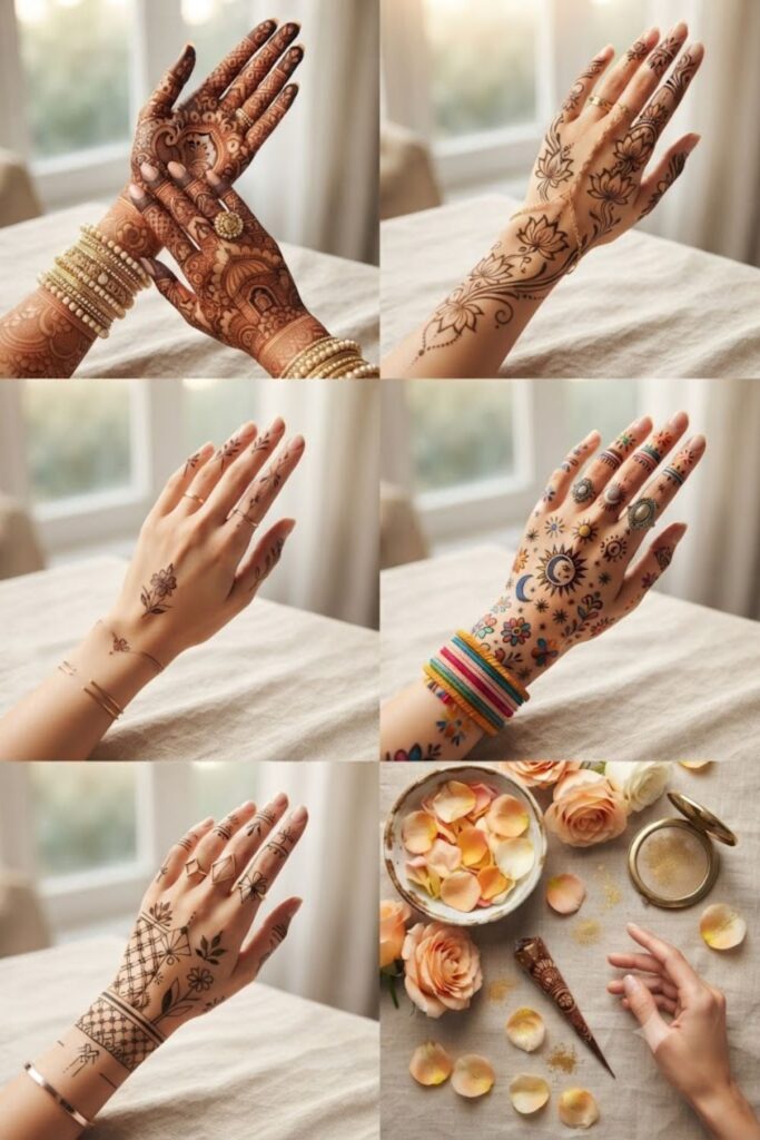 Latest Henna Designs 2026 for Different Occasions featuring bridal, festive, Arabic, and elegant mehndi styles