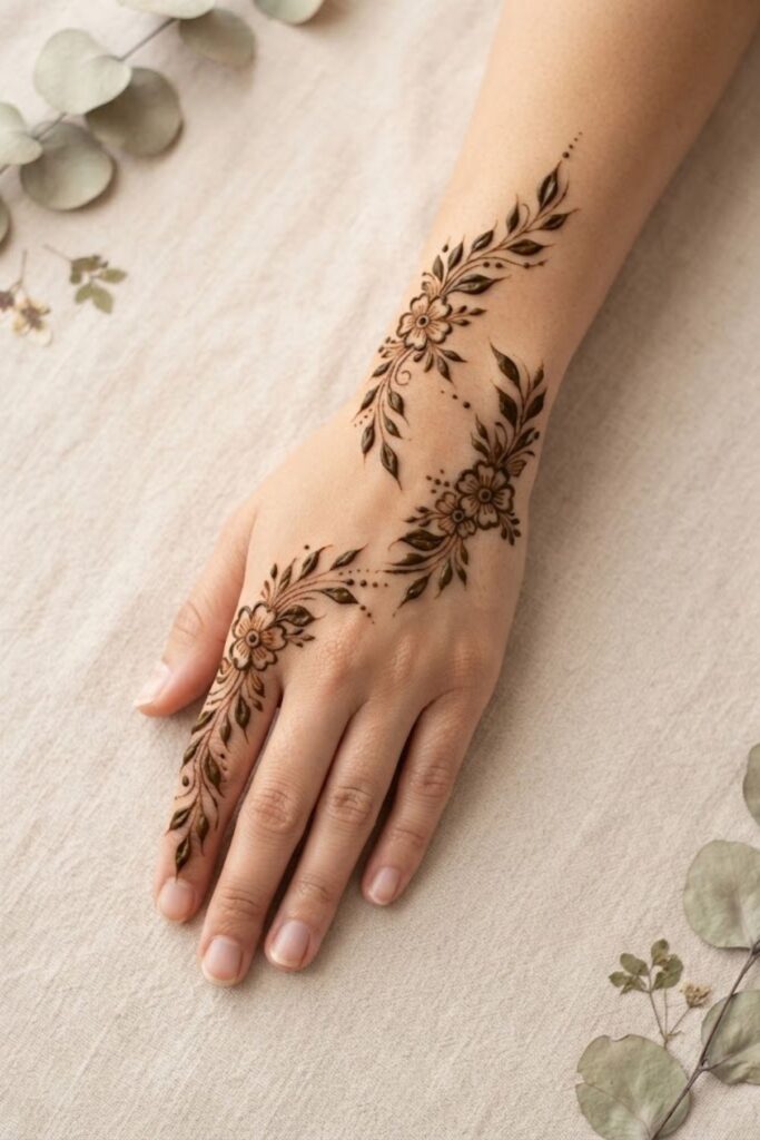Discover a graceful leaf and flower trail mehndi design featuring delicate flowers, flowing leafy vines, fine details, and elegant negative space. A beautiful henna idea for Eid, weddings, and festive occasions.