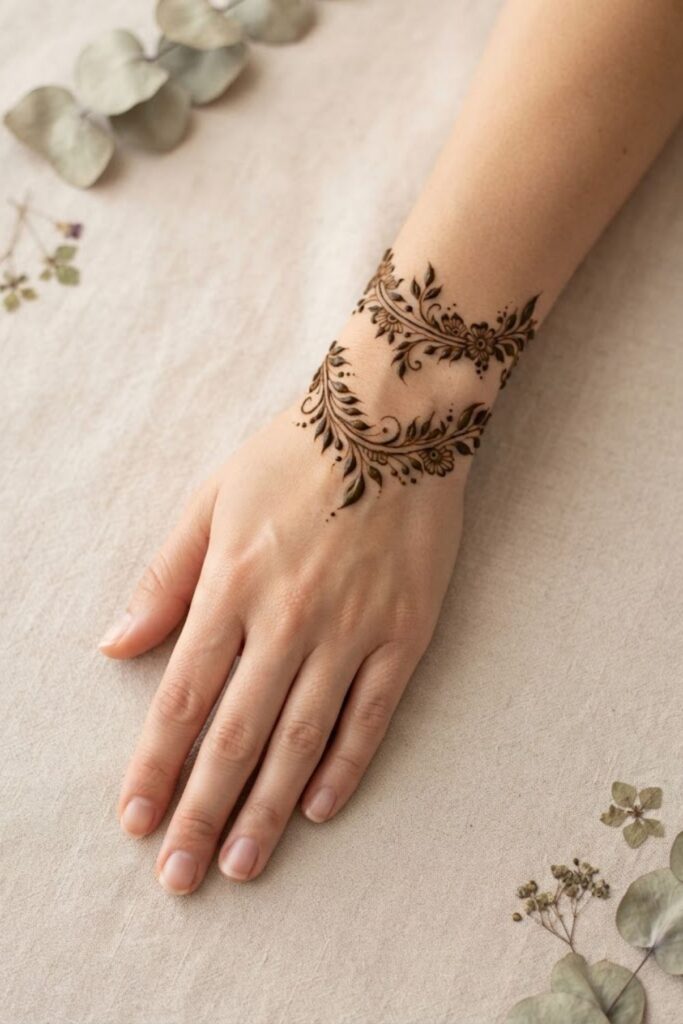 Elegant leaf bracelet mehndi design featuring delicate leafy vines, tiny flowers, fine lines, and graceful botanical details around the wrist. A stylish and simple henna idea for festive occasions.