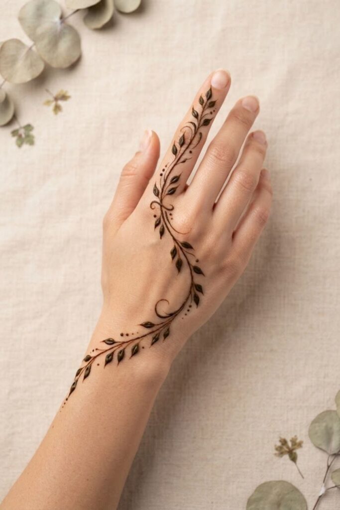 Leafy finger trail mehndi design with a delicate vine and small leaves