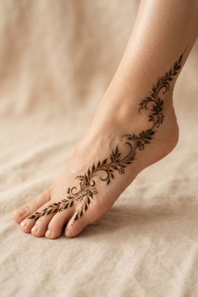 Leafy vine foot mehndi design extending from the toes to the ankle