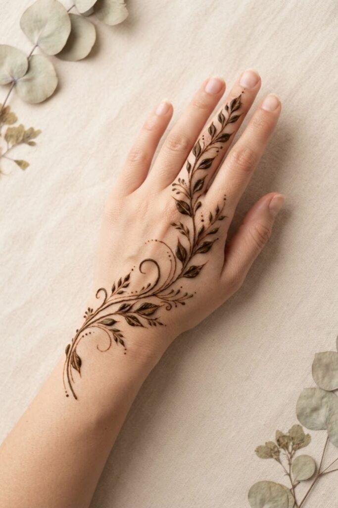 Explore a graceful leafy vine mehndi design featuring flowing stems, delicate leaves, fine details, and beautiful negative space. A simple and elegant henna idea for festive occasions and everyday wear.