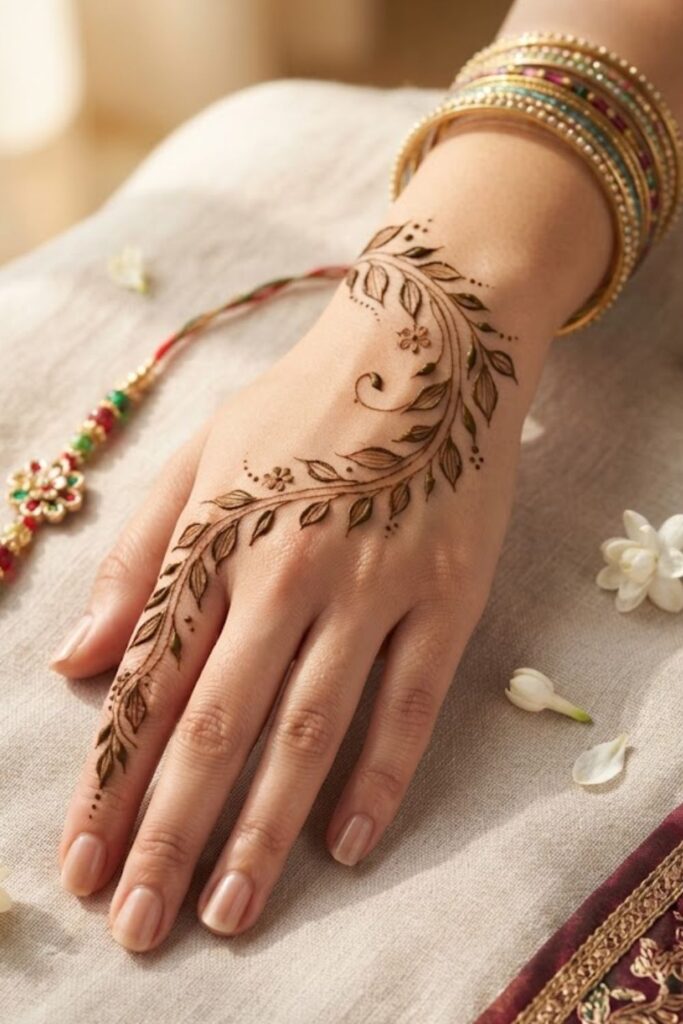 Leafy vine Raksha Bandhan mehndi design with delicate leaves and floral details