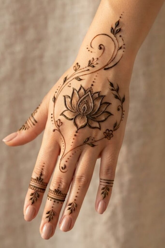 Lotus-inspired back hand mehndi design with delicate floral and leafy details.