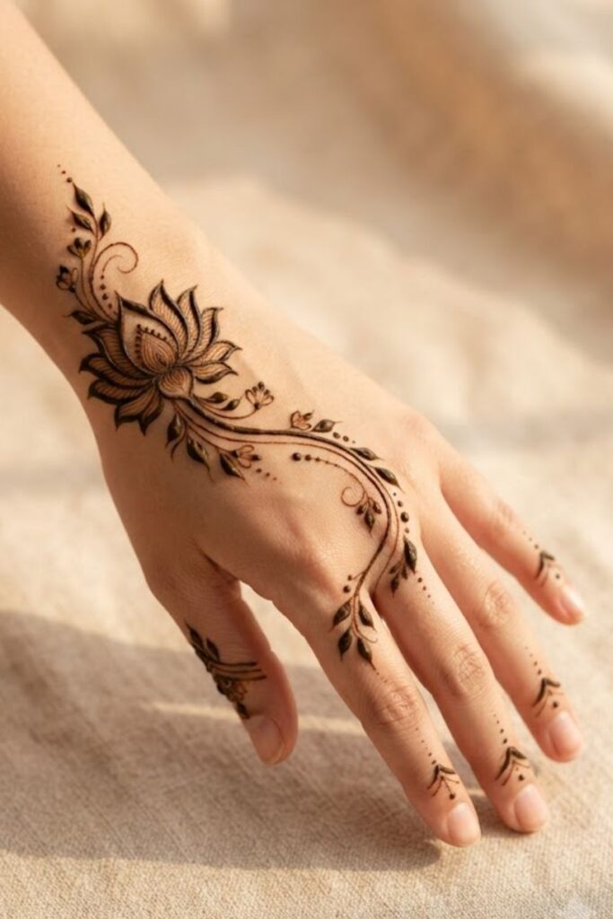 Lotus and leaf trail mehndi design with elegant floral henna details