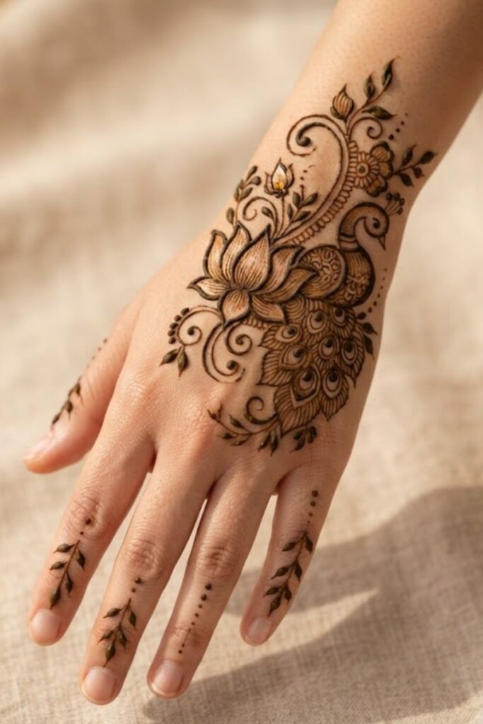 Lotus and peacock combination mehndi design with delicate floral details