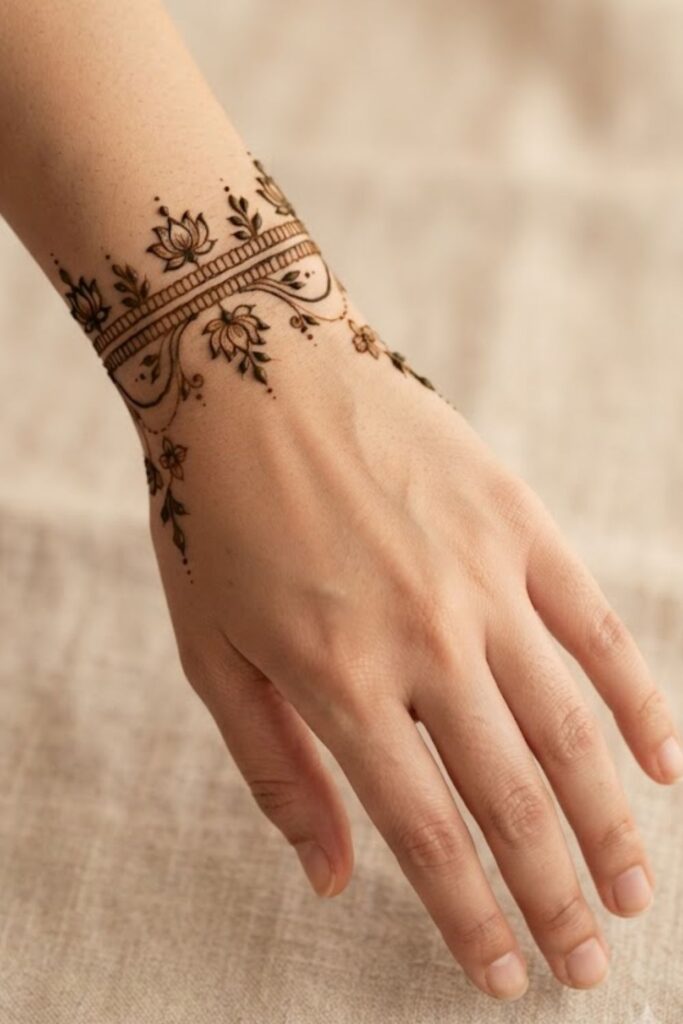 Lotus bracelet style mehndi design with delicate wrist floral patterns