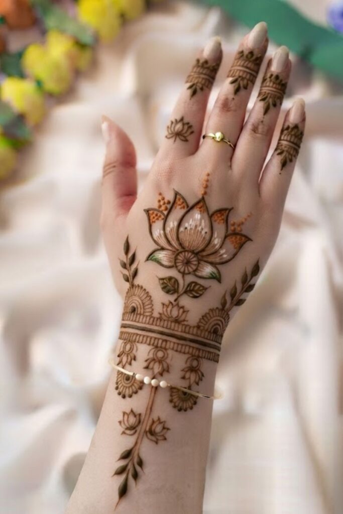 Lotus-Inspired Patriotic Mehndi with lotus flowers, Indian flag mehndi design, Ashoka Chakra details, floral henna patterns, and Independence Day artwork