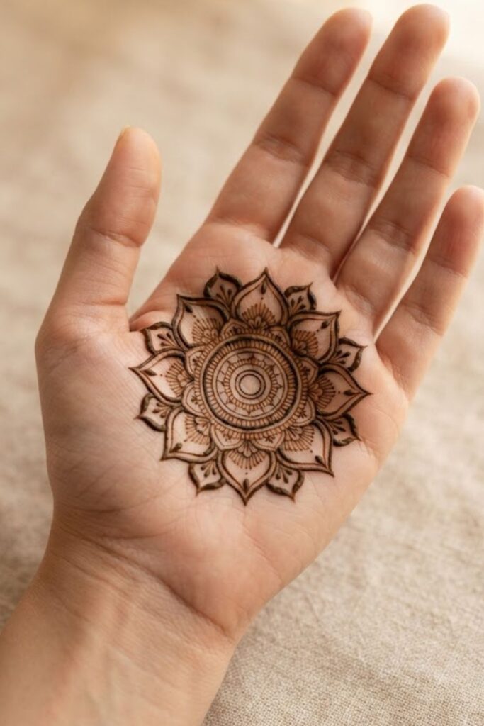 Lotus mandala mehndi design with symmetrical floral and geometric details