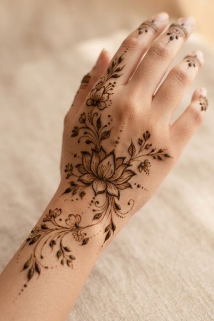Lotus mehndi for bridesmaids with elegant floral henna details