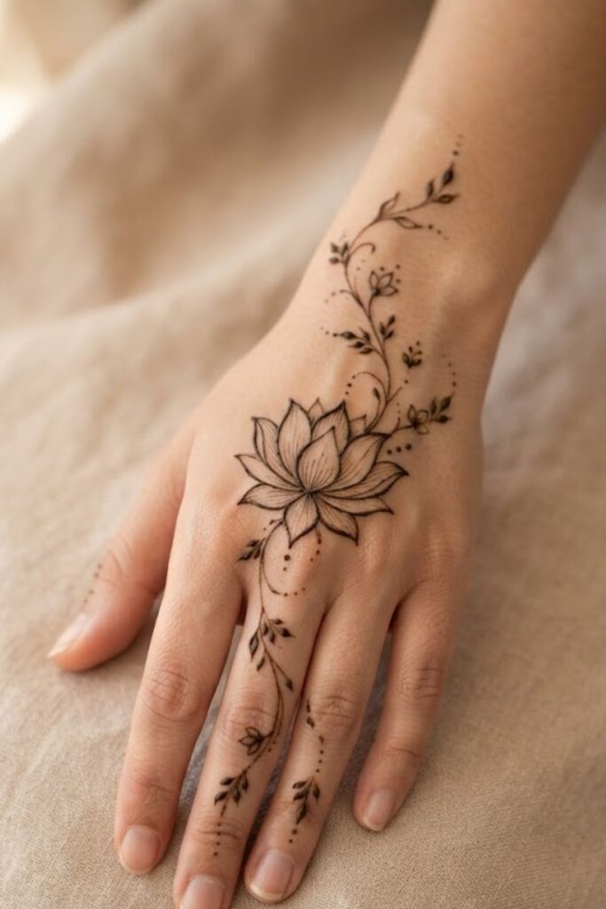 Lotus mehndi with fine-line details and delicate floral henna patterns