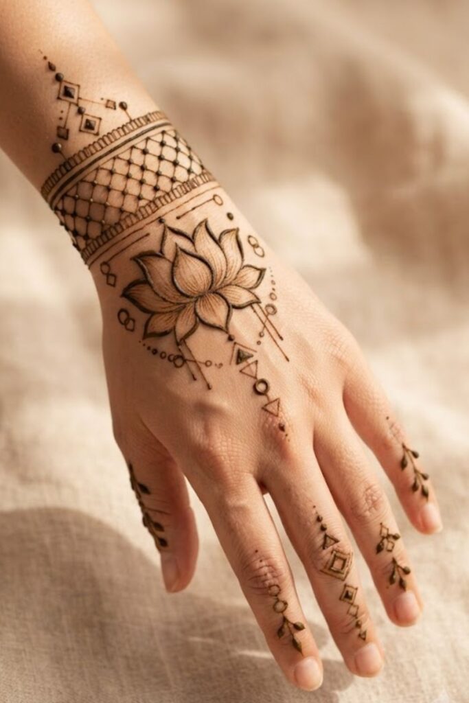 Lotus mehndi with geometric patterns and modern fine-line details