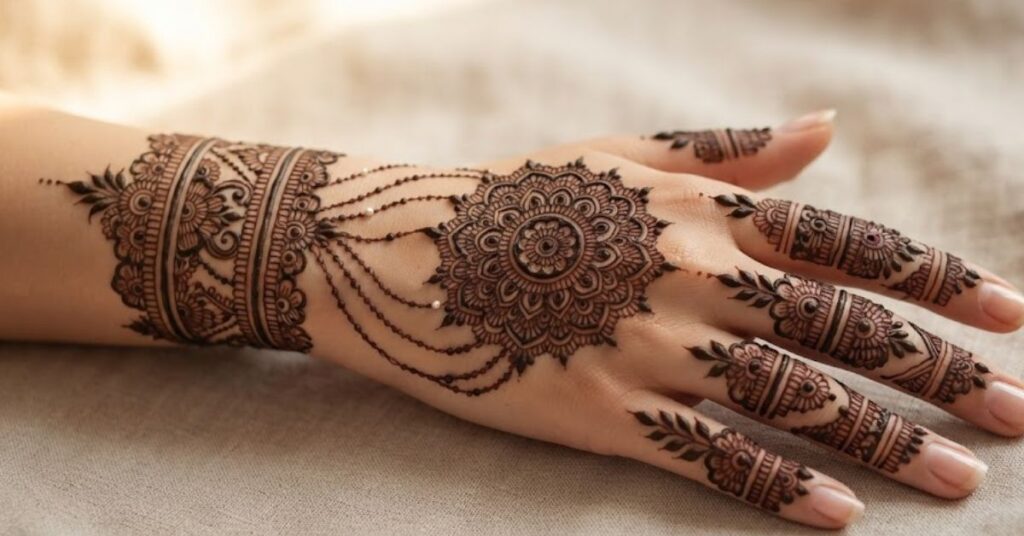 Mandala Jewelry Mehndi Designs featuring elegant circular mandala patterns, bracelet details, and jewelry-inspired henna art on hands