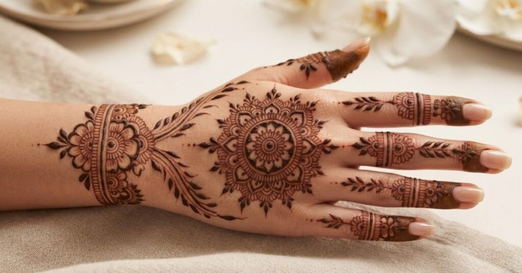 Mandala party mehndi design with circular floral patterns and elegant henna artwork on hand