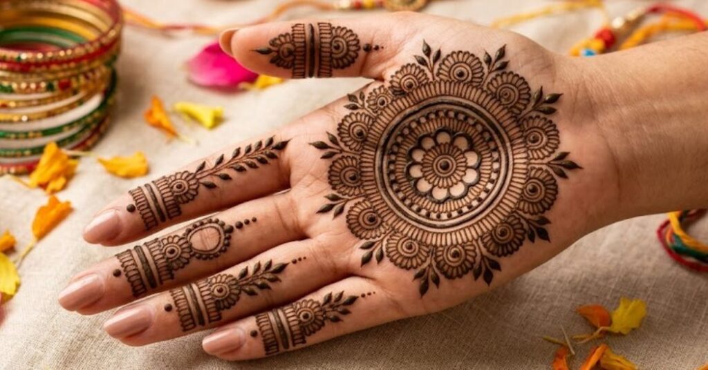 Mandala Rakhi Mehndi Design with symmetrical circular henna pattern and floral details