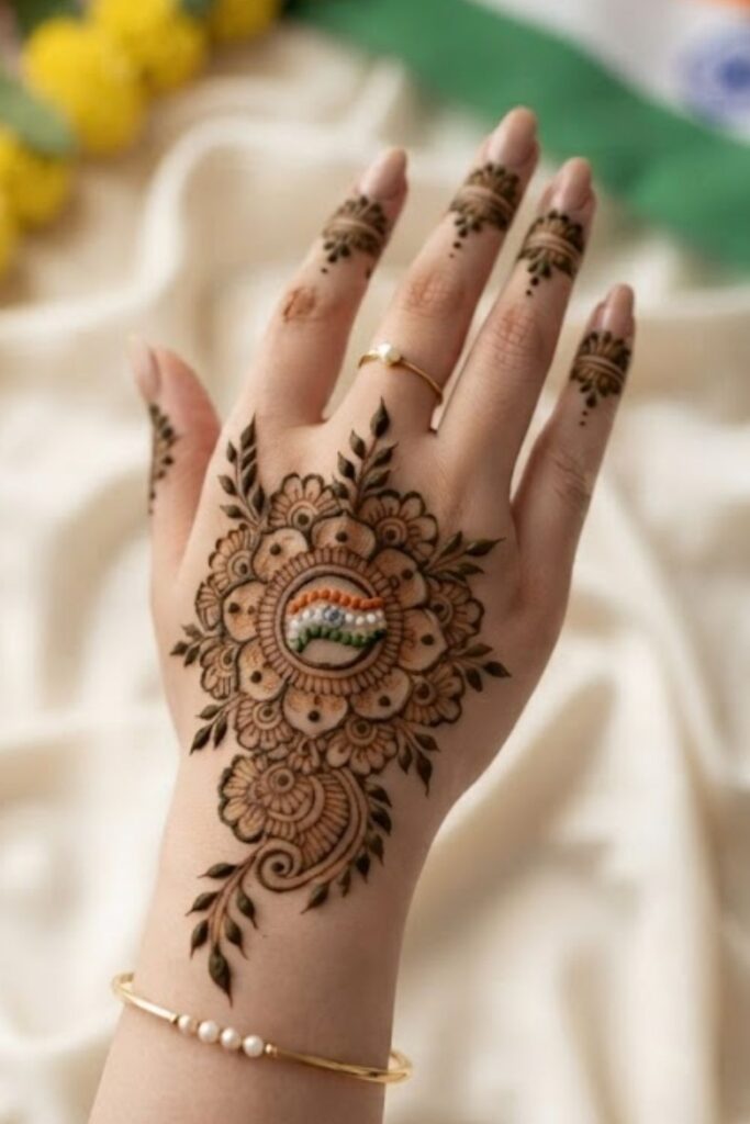 Mandala Indian Independence Day Mehndi Designs 2026 with Ashoka Chakra, floral mandala patterns, Indian flag mehndi design, and elegant patriotic henna