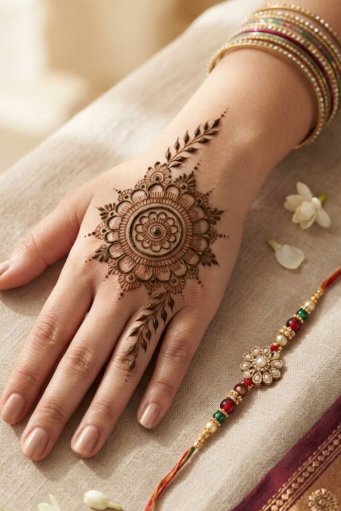 Mandala-inspired Raksha Bandhan mehndi design with floral and symmetrical details
