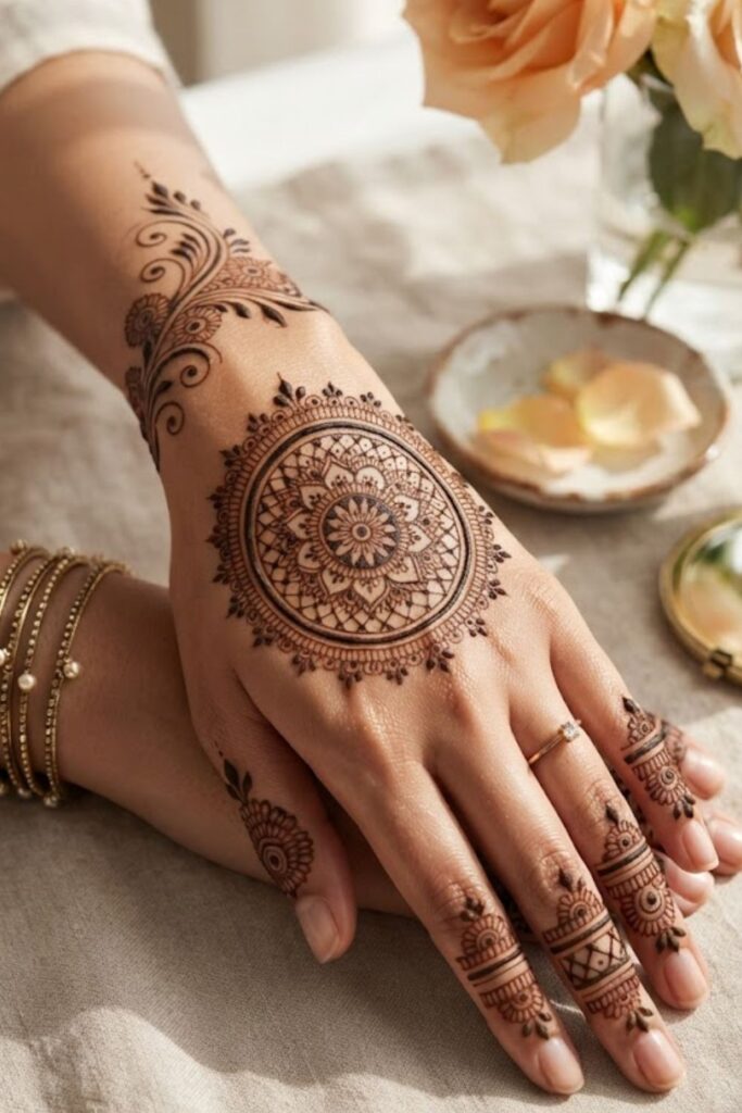 Mandala Mehndi Designs 2026 featuring symmetrical circular henna patterns, floral details, and elegant modern hand artwork