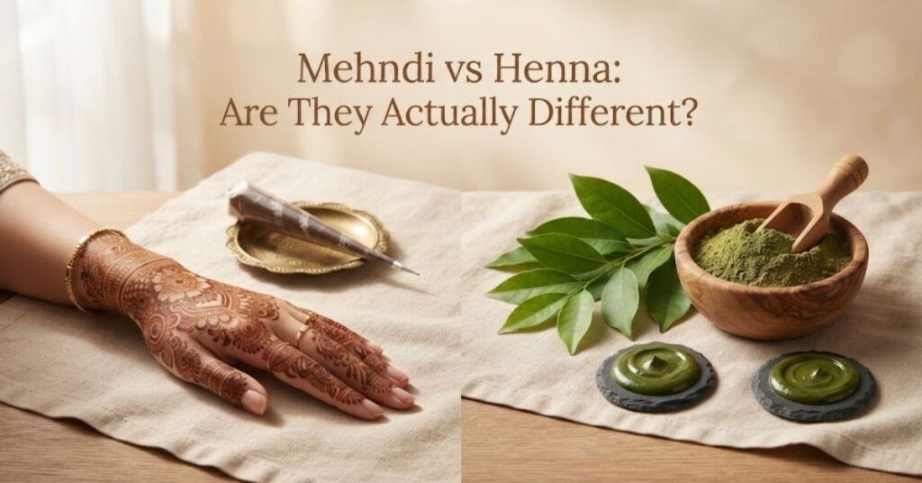 Mehndi vs Henna comparison showing a mehndi cone, decorated hand, natural henna leaves, powder, and paste.