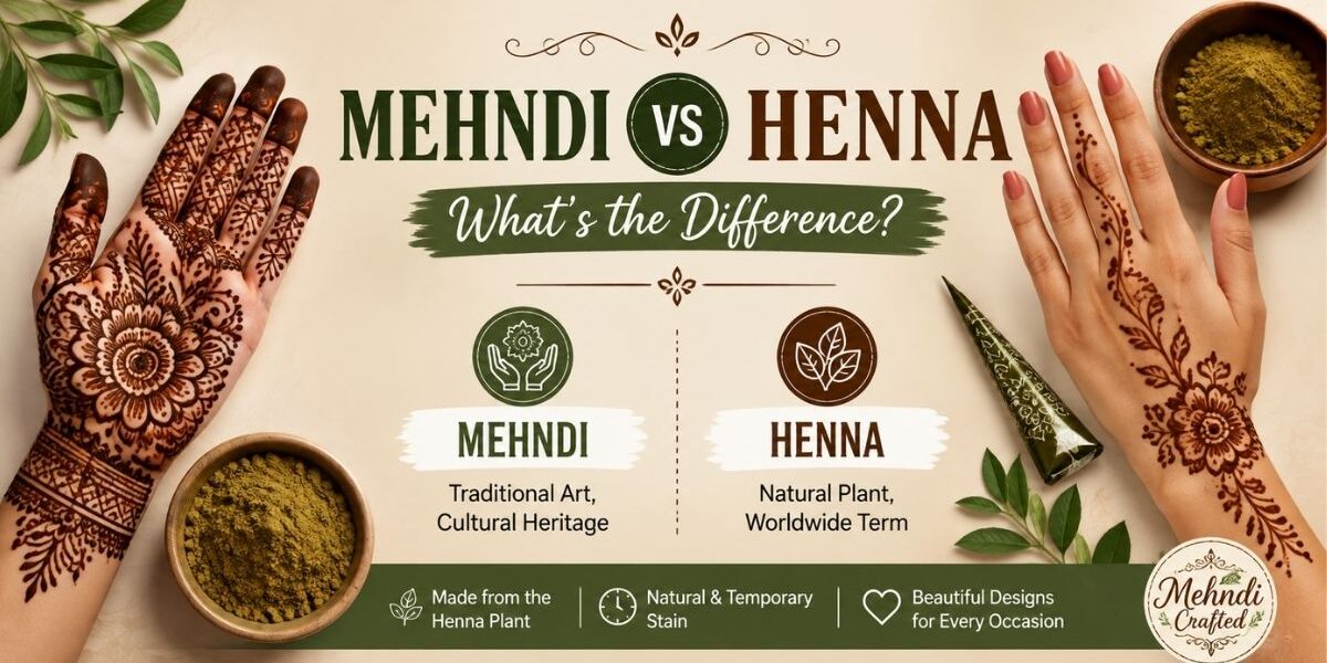 Mehndi vs Henna comparison showing traditional mehndi and natural henna designs, henna leaves, powder, and cones on a beige background.
