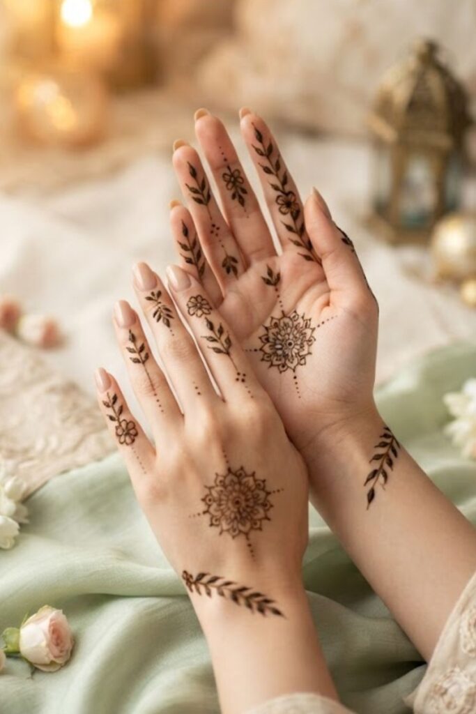 Minimal Eid Milad un Nabi Mehndi for Girls featuring simple floral, finger, and Arabic-inspired henna designs