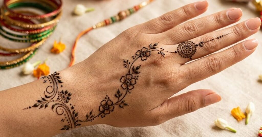 Minimal Floral Rakhi Mehndi Designs with simple flowers and elegant leaf henna patterns