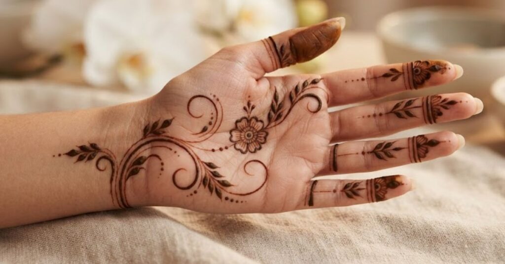 Minimal front hand party mehndi design with simple floral patterns and elegant henna details