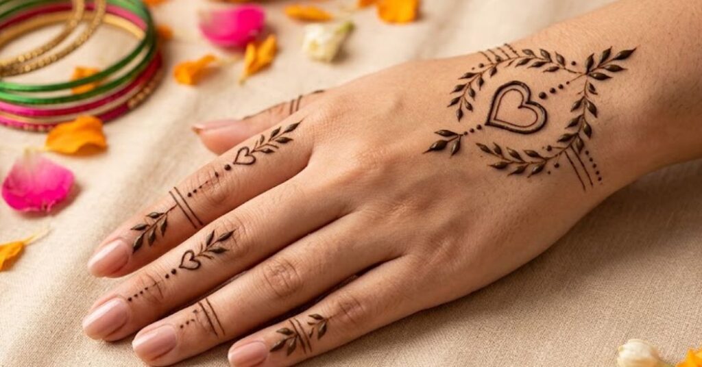 Minimal Heart Mehndi Design with cute heart motifs and elegant floral henna patterns