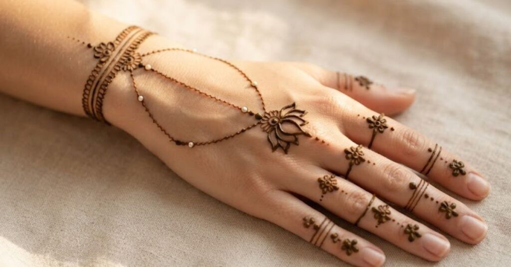 Minimal Jewelry Mehndi Design featuring simple bracelet patterns, delicate finger details, and elegant jewelry-inspired henna art