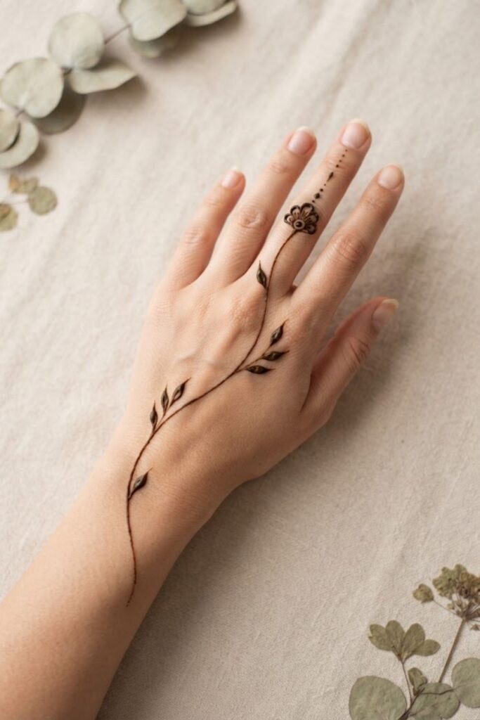 Simple and elegant minimal leaf mehndi design featuring a delicate leafy vine, fine lines, and plenty of negative space. A beautiful beginner-friendly henna idea for everyday wear and special occasions.