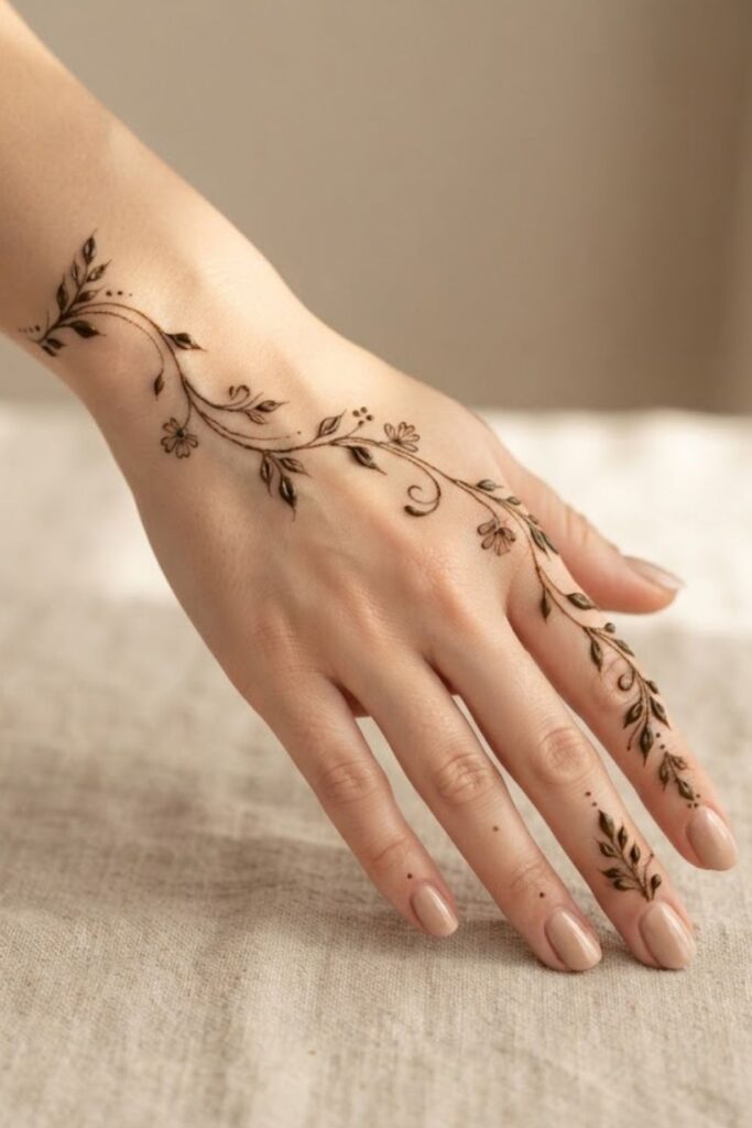 Minimal leafy vine mehndi design with delicate leaves on the back of the hand.
