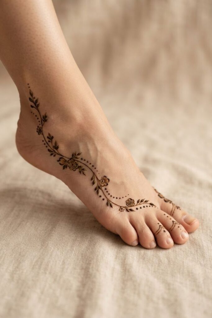 Minimal side foot mehndi with delicate dots, leaves, and a thin floral vine