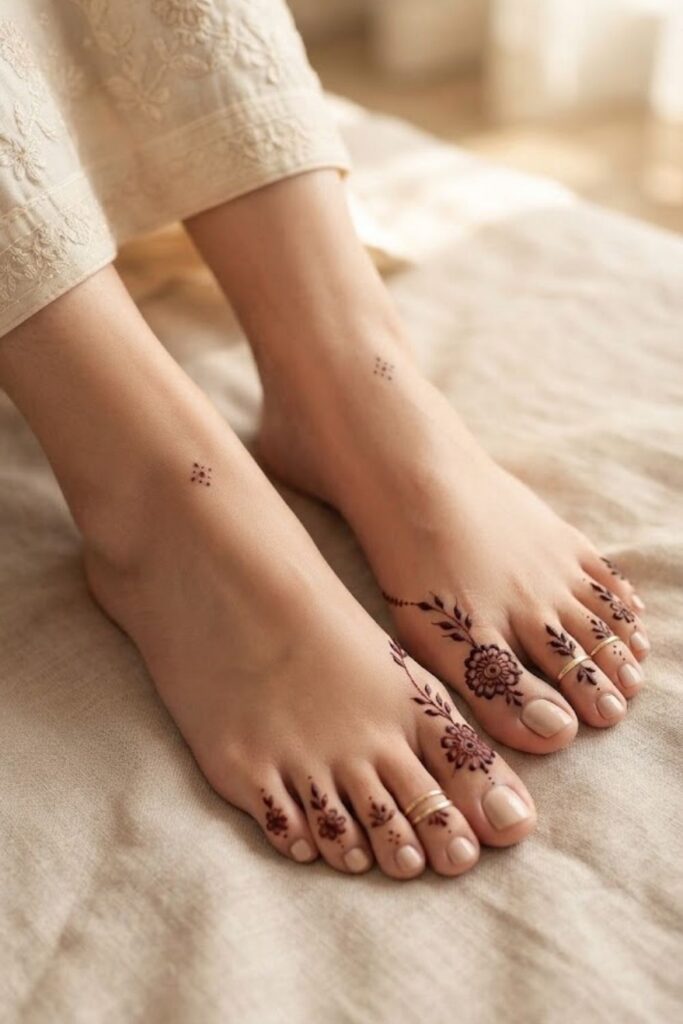 Minimal Arabic toe mehndi design with delicate floral motifs, leaves, and fine henna details