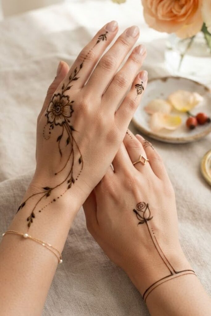 Minimal and Elegant Mehndi Styles 2026 featuring simple henna patterns, delicate floral details, and modern stylish hand designs