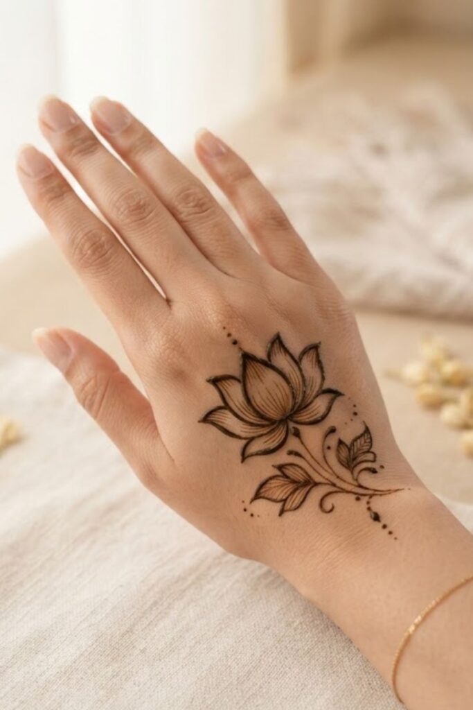 Minimal lotus flower mehndi design with delicate petals and leaves