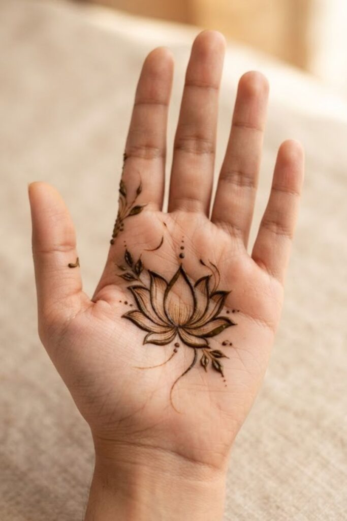 Minimal lotus mehndi design on palm with delicate floral details
