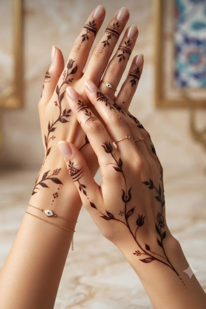 Minimal Turkish Mehndi featuring simple fine-line henna patterns, delicate floral motifs, and elegant Ottoman-inspired hand designs.