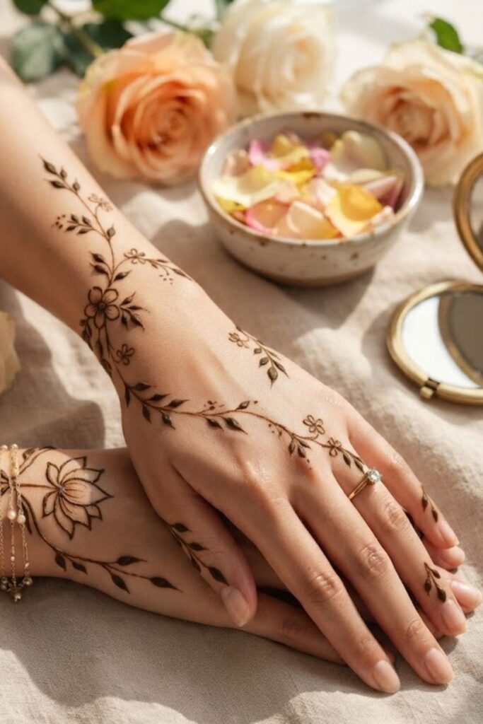 Modern Floral Patterns in 2026 New Trending Mehndi Designs with elegant flower motifs, leaf details, and stylish henna artwork