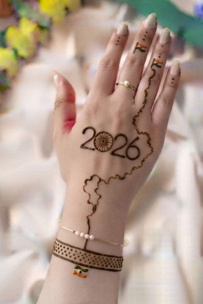 Modern Fusion Indian Independence Day Mehndi Designs 2026 with Arabic, mandala, floral patterns, Indian flag mehndi design, and trendy patriotic henna