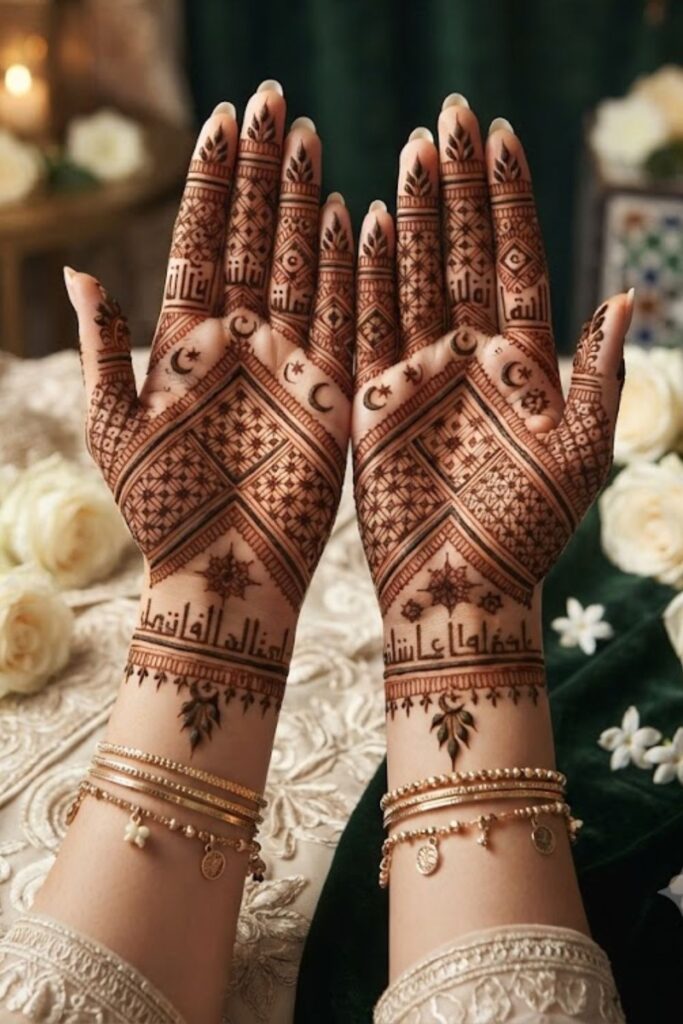 Moroccan Eid Milad un Nabi Mehndi Patterns featuring geometric Islamic henna designs and elegant traditional motifs