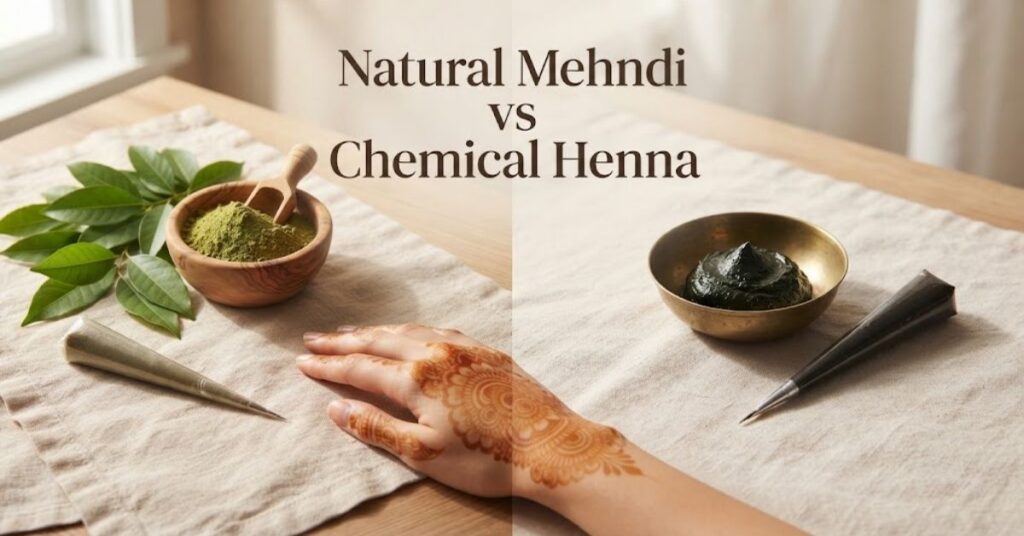 Natural mehndi vs chemical henna showing natural henna leaves, powder, mehndi cone, and a comparison of henna products.
